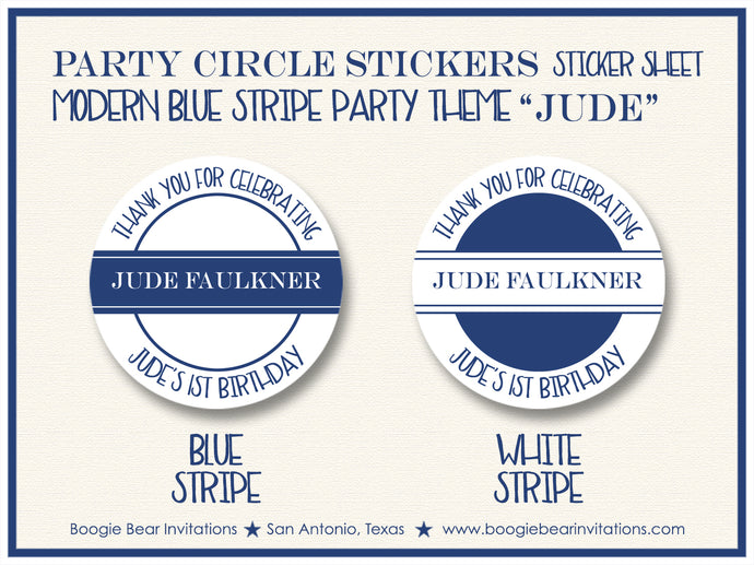 Modern Blue Stripes Party Stickers Circle Sheet Round Birthday Boy Boogie Bear Invitations Jude Theme