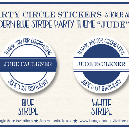 Modern Blue Stripes Party Stickers Circle Sheet Round Birthday Boy Boogie Bear Invitations Jude Theme