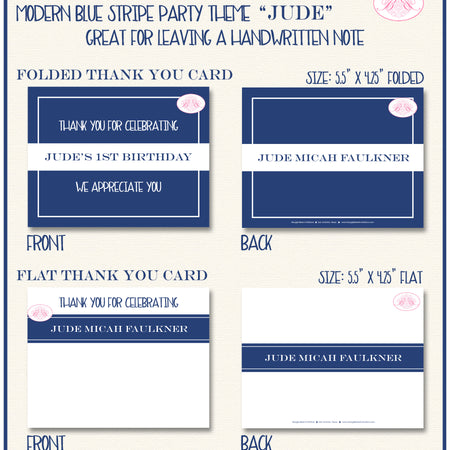 Modern Blue Stripe Party Thank You Card Birthday Boy Boogie Bear Invitations Jude Theme Printed
