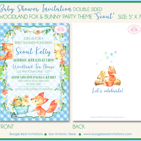 Woodland Bunny Fox Baby Shower Invitation Blue Garden Boogie Bear Invitations Scout Theme Paperless Printable Printed