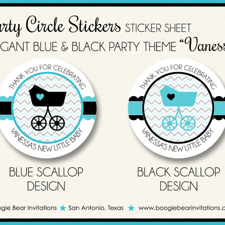 Blue Black Baby Shower Party Stickers Aqua Elegant Boogie Bear Invitations Vanessa Theme