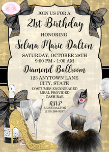Masquerade Birthday Party Invitation Black Gold Formal Girl Boogie Bear Invitations Selina Theme Paperless Printable Printed