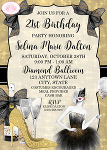 Masquerade Birthday Party Invitation Black Gold Formal Girl Boogie Bear Invitations Selina Theme Paperless Printable Printed