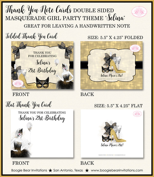 Masquerade Party Thank You Card Birthday Note Black Gold Formal Boogie Bear Invitations Selina Theme Printed