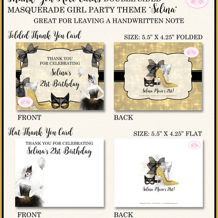 Masquerade Party Thank You Card Birthday Note Black Gold Formal Boogie Bear Invitations Selina Theme Printed