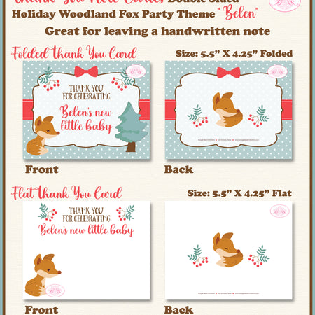 Woodland Holiday Fox Party Thank You Card Baby Shower Winter Christmas Boogie Bear Invitations Belen Theme Printed