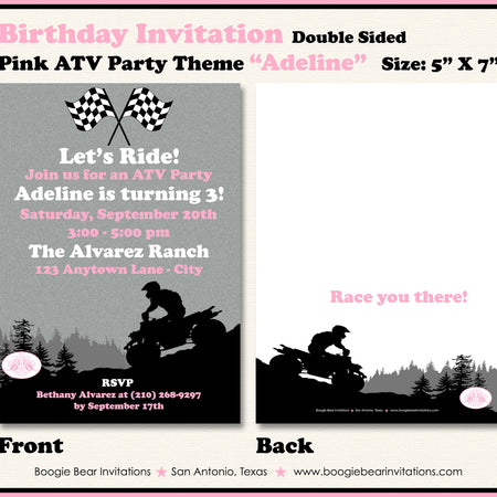 Pink ATV Birthday Party Invitation Girl Quad 4 Wheeler Boogie Bear Invitations Adeline Theme Printed