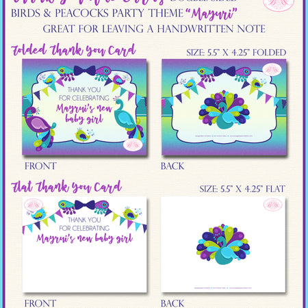 Peacock Party Thank You Card Baby Shower Purple Birds Boogie Bear Invitations Mayuri Theme Printed