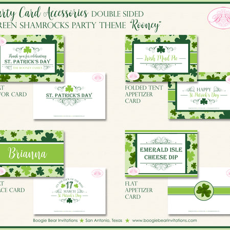 St. Patrick's Day Favor Party Card Appetizer Green Shamrocks Boogie Bear Invitations Rooney Theme