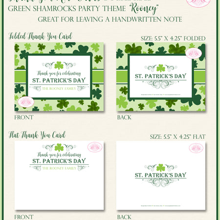St. Patrick's Day Thank You Cards Party Green Shamrocks Boogie Bear Invitations Rooney Theme Printed