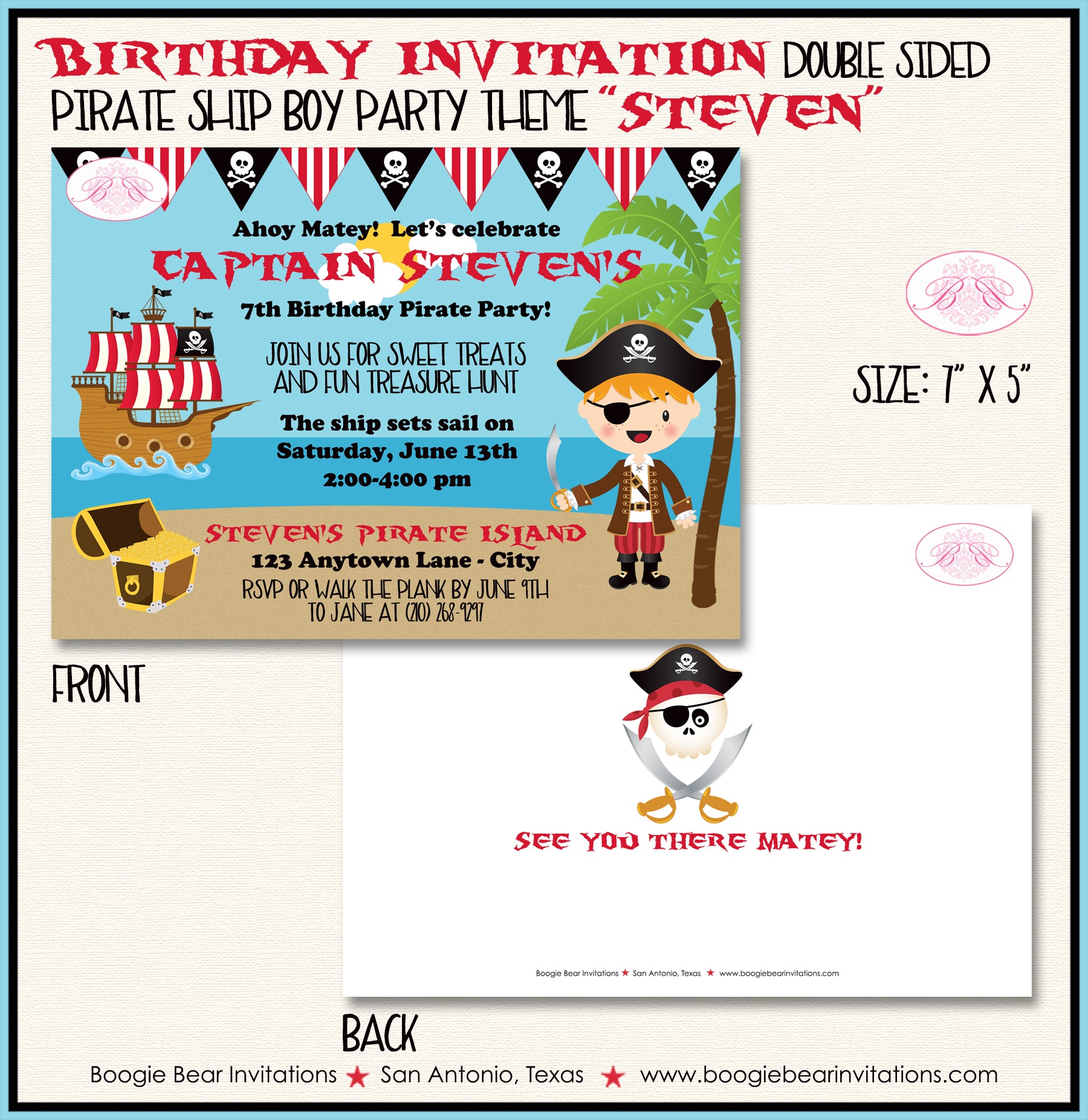 Pirate Ship Boy Birthday Party Invitation Boogie Bear Invitations Stev, image size:1800x1854