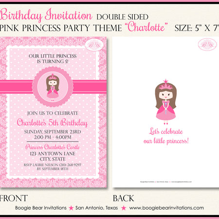Pink Princess Birthday Party Invitation Royal Girl Boogie Bear Invitations Charlotte Theme Paperless Printable Printed