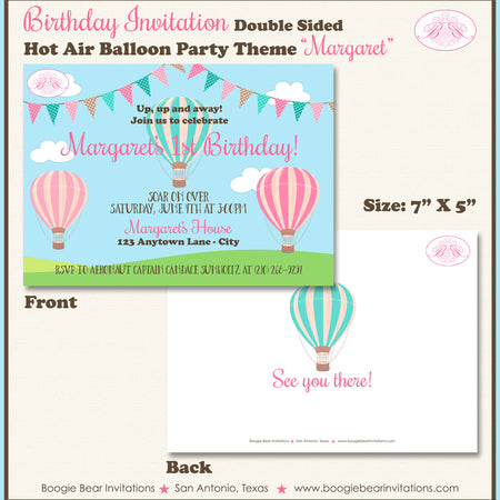Hot Air Balloon Birthday Party Invitation Girl Pink Boogie Bear Invitations Margaret Theme Paperless Printable Printed
