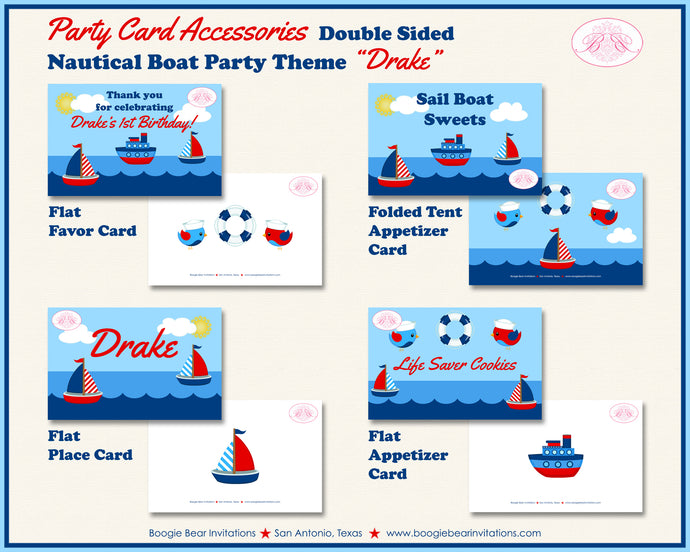 Nautical Sailor Birthday Party Favor Card Appetizer Food Place Sign Label Boat Sail Ship Boogie Bear Invitations Drake Theme
