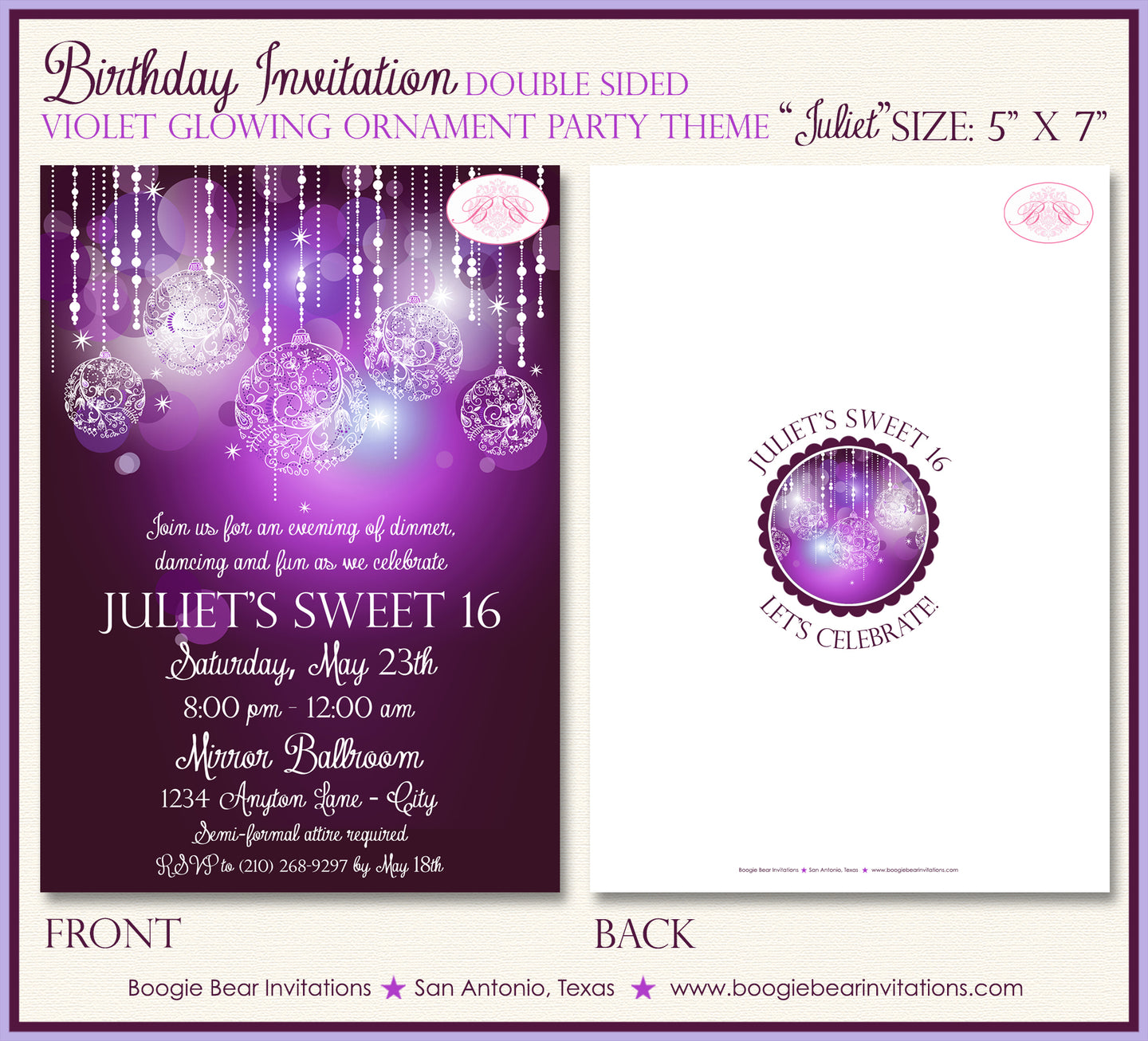 Purple Glowing Ornaments Birthday Party Invitation Violet Boogie Bear Invitations Juliet Theme Paperless Printable Printed