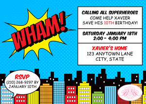 Superhero Birthday Party Invitation Super Hero Comic Boogie Bear Invitations Xavier Theme Paperless Printable Printed
