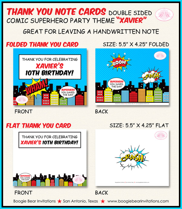 Superhero Birthday Party Thank You Card Super Hero Comic Boogie Bear Invitations Xavier Theme Printed
