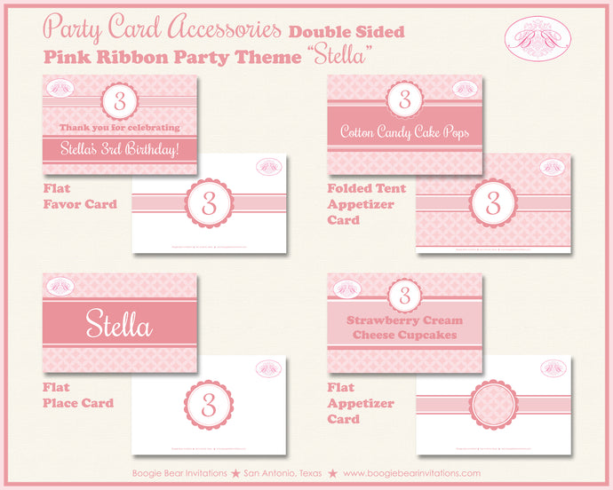 Pink Ribbon Birthday Party Favor Card Appetizer Food Place Sign Label Elegant Girl Boogie Bear Invitations Stella Theme