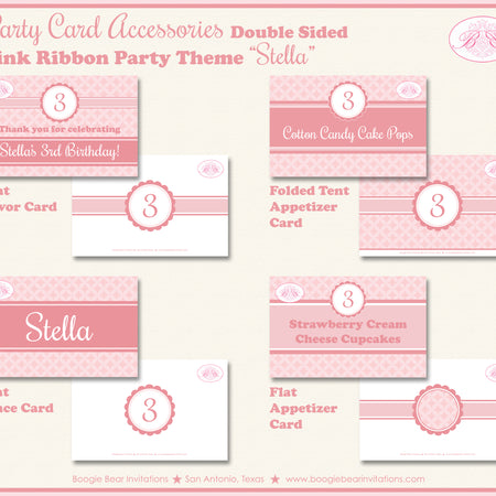 Pink Ribbon Birthday Party Favor Card Appetizer Food Place Sign Label Elegant Girl Boogie Bear Invitations Stella Theme
