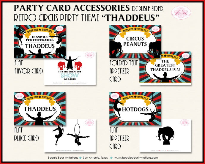 Circus Showman Favor Party Card Place Tent Appetizer Food Label Birthday Big Top Boogie Bear Invitations Thaddeus Theme