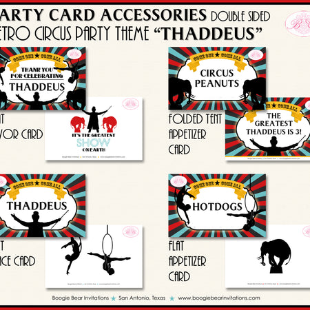 Circus Showman Favor Party Card Place Tent Appetizer Food Label Birthday Big Top Boogie Bear Invitations Thaddeus Theme
