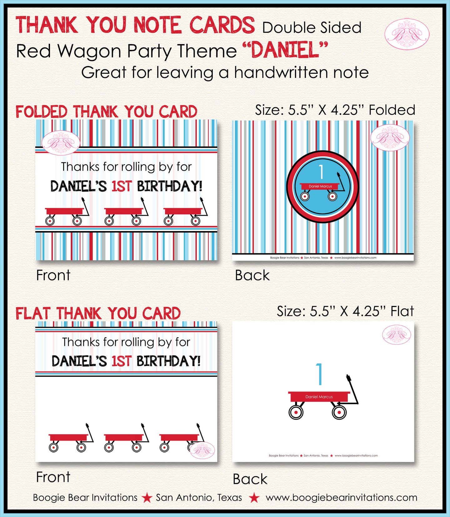 Red Wagon Birthday Party Thank You Card Birthday Boy Girl Ride Boogie Bear Invitations Daniel Theme Printed