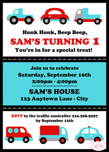 Cars Trucks Birthday Party Invitation Red Turquoise Boogie Bear Invitations Sam Theme Paperless Printable Printed