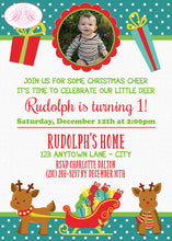 Load image into Gallery viewer, Christmas Reindeer Birthday Party Invitation Photo Santa Sleigh Boogie Bear Invitations Rudolph Theme Paperless Printable Printed