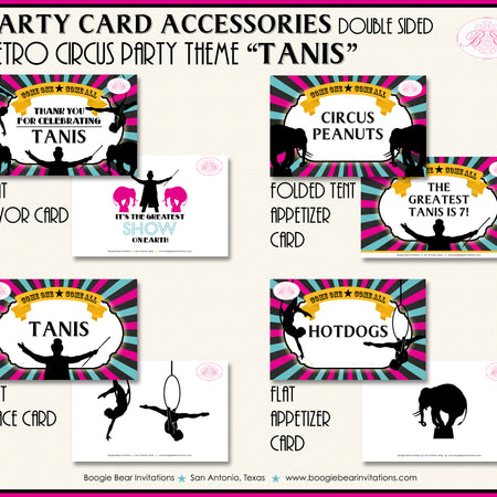 Circus Showman Favor Party Card Place Tent Appetizer Food Label Pink Birthday Big Top Boogie Bear Invitations Tanis Theme