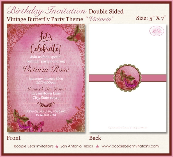 Vintage Butterfly Party Invitation Birthday Garden Boogie Bear Invitations Victoria Theme Paperless Printable Printed