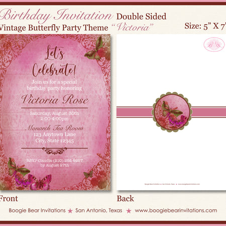 Vintage Butterfly Party Invitation Birthday Garden Boogie Bear Invitations Victoria Theme Paperless Printable Printed