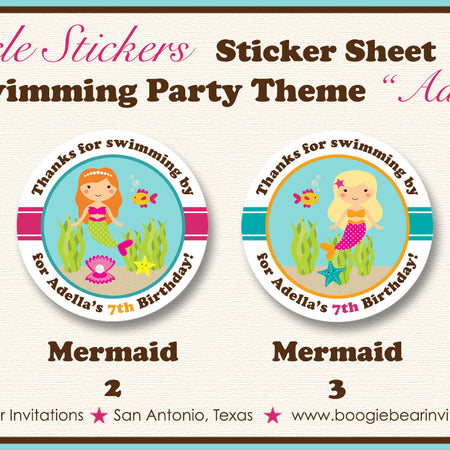 Mermaid Swimming Birthday Party Stickers Circle Sheet Pool Ocean The Sea Boogie Bear Invitations Adella Theme