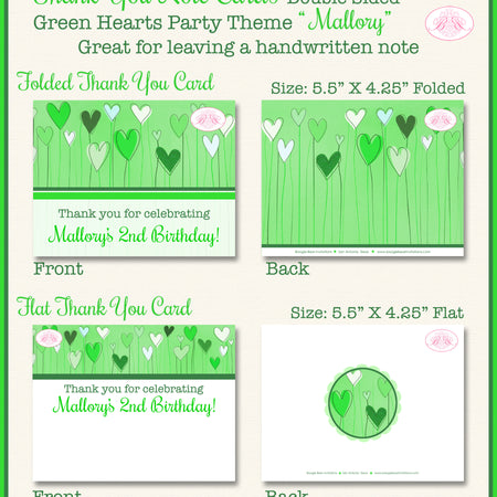 Green Hearts Birthday Thank You Note Card Party Balloons Boogie Bear Invitations Mallory Theme Printed
