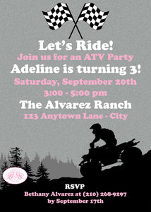 Pink ATV Birthday Party Invitation Girl Quad 4 Wheeler Boogie Bear Invitations Adeline Theme Printed