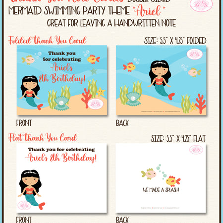 Mermaid Swimming Thank You Card Birthday Party Pool Ocean Girl Boogie Bear Invitations Ariel Theme Printed