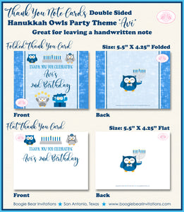 Hanukkah Owls Party Thank You Card Birthday Note Blue Boogie Bear Invitations Avi Theme Printed