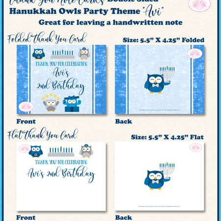 Hanukkah Owls Party Thank You Card Birthday Note Blue Boogie Bear Invitations Avi Theme Printed