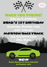 Load image into Gallery viewer, Green Race Car Birthday Party Invitation Lime Racing Boogie Bear Invitations Brad Theme Paperless Printable Printed