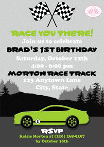 Green Race Car Birthday Party Invitation Lime Racing Boogie Bear Invitations Brad Theme Paperless Printable Printed