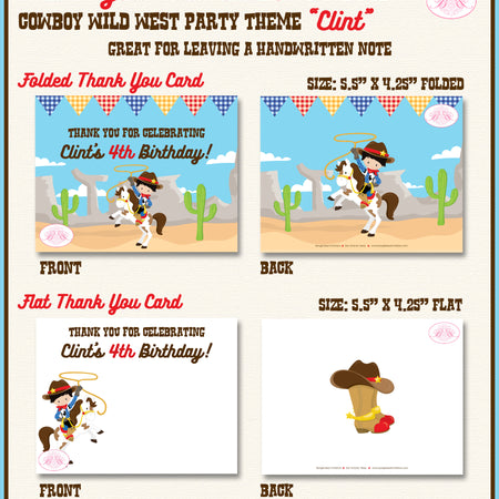 Cowboy Wild West Party Thank You Card Birthday Country Boy Boogie Bear Invitations Clint Theme Printed