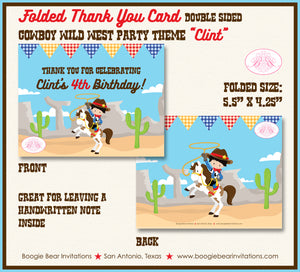 Cowboy Wild West Party Thank You Card Birthday Country Boy Boogie Bear Invitations Clint Theme Printed