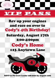 Red Motorcycle Birthday Party Invitation Racing Boogie Bear Invitations Cody Theme Paperless Printable Printed