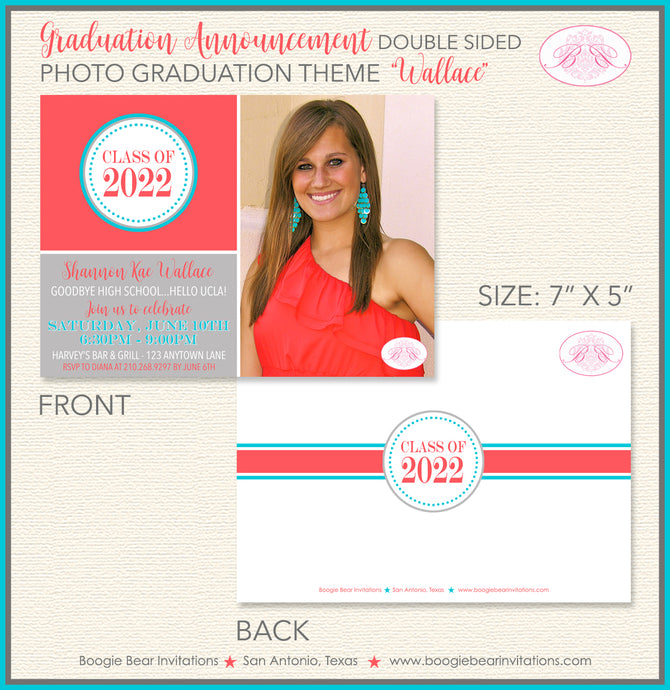 High School College Graduation Announcement Photo Coral Red Blue Boogie Bear Invitations Wallace Theme Paperless Printable Printed