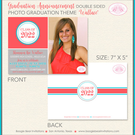 High School College Graduation Announcement Photo Coral Red Blue Boogie Bear Invitations Wallace Theme Paperless Printable Printed