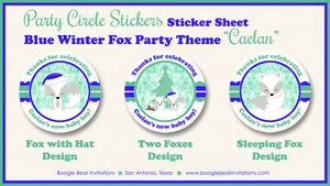 Blue Winter Fox Party Stickers Circle Baby Shower Sheet Round Christmas Boy Boogie Bear Invitations Caelan Theme