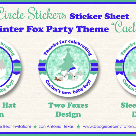 Blue Winter Fox Party Stickers Circle Baby Shower Sheet Round Christmas Boy Boogie Bear Invitations Caelan Theme
