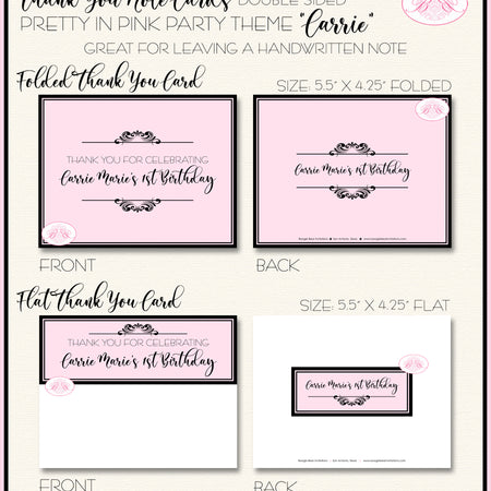 Pretty In Pink Birthday Party Thank You Card Girl Princess Boogie Bear Invitations Carrie Theme Printed