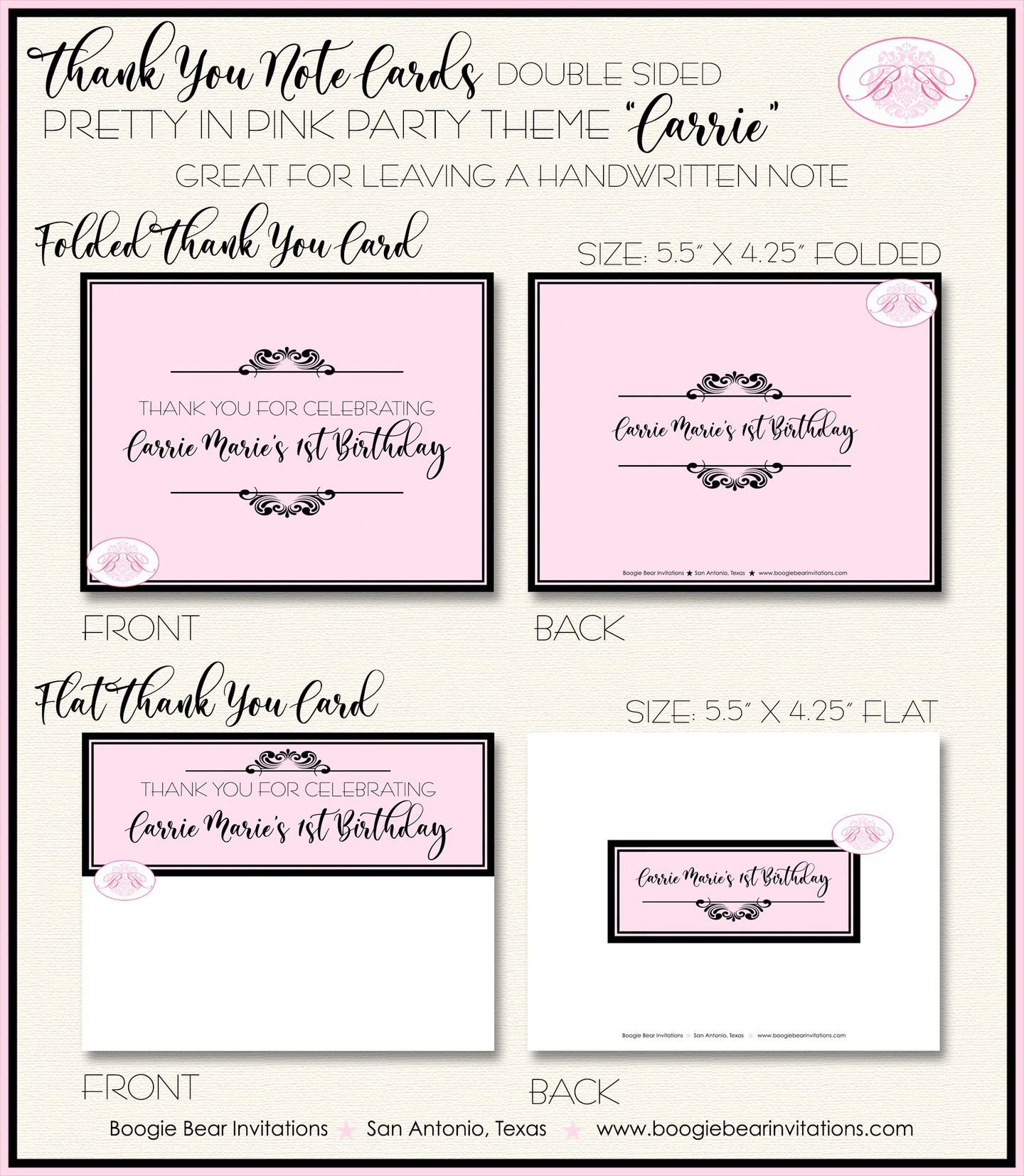Pretty In Pink Birthday Party Thank You Card Girl Princess Boogie Bear Invitations Carrie Theme Printed