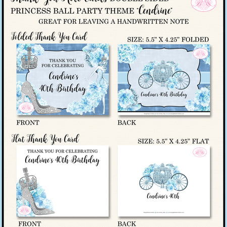 Princess Ball Party Thank You Cards Birthday Crown Blue Cinderella Boogie Bear Invitations Cendrine Theme Printed