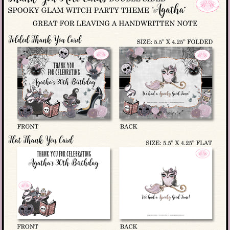 Spooky Glam Witch Party Thank You Card Note Birthday Halloween Girl Boogie Bear Invitations Agatha Theme Printed